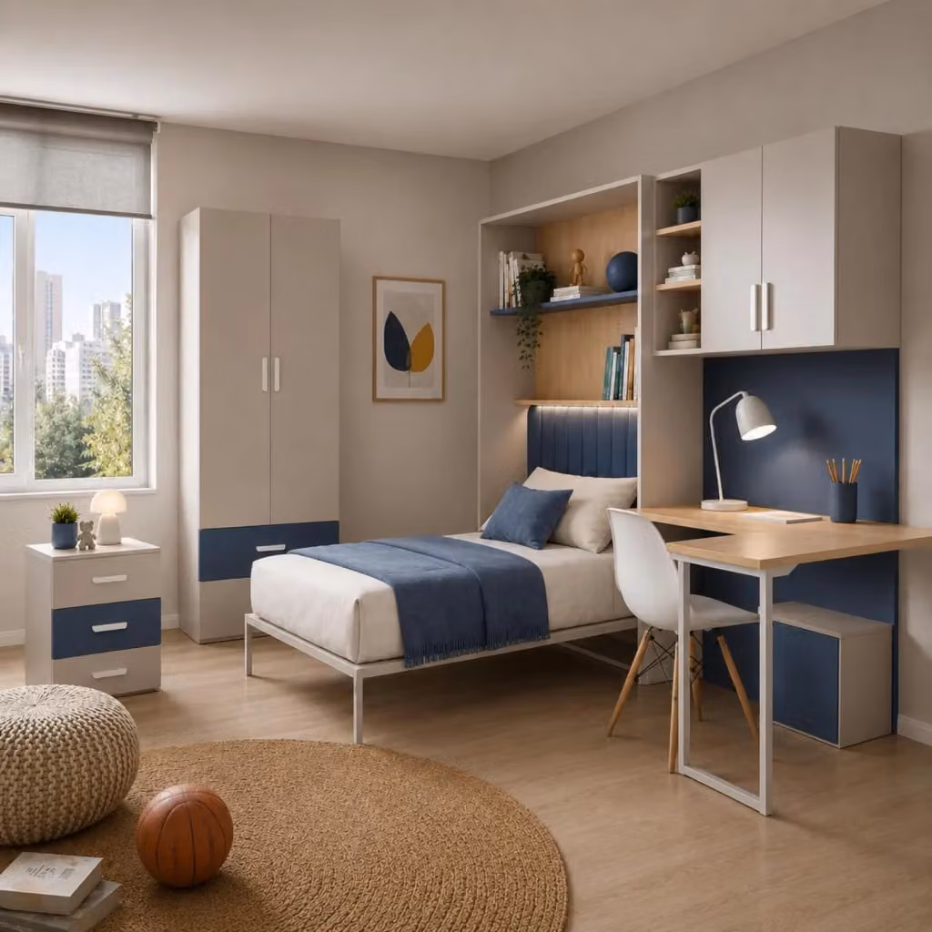 Cameretta Completa MEGAOFFERTE in Melaminico con Letto a Scomparsa, Armadio, Scrivania e Cassettiera, Soluzione Salvaspazio per Bambini e Ragazzi, Cashmere e Blu, L: 133 cm, P: 208.5 cm, H: 45-216 cm – 2