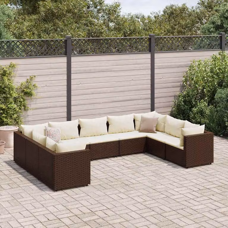 Set Divani da Giardino vidaXL 9 pz a Forma a L con Cuscini, Polyrattan e Metallo, Marrone e Bianco