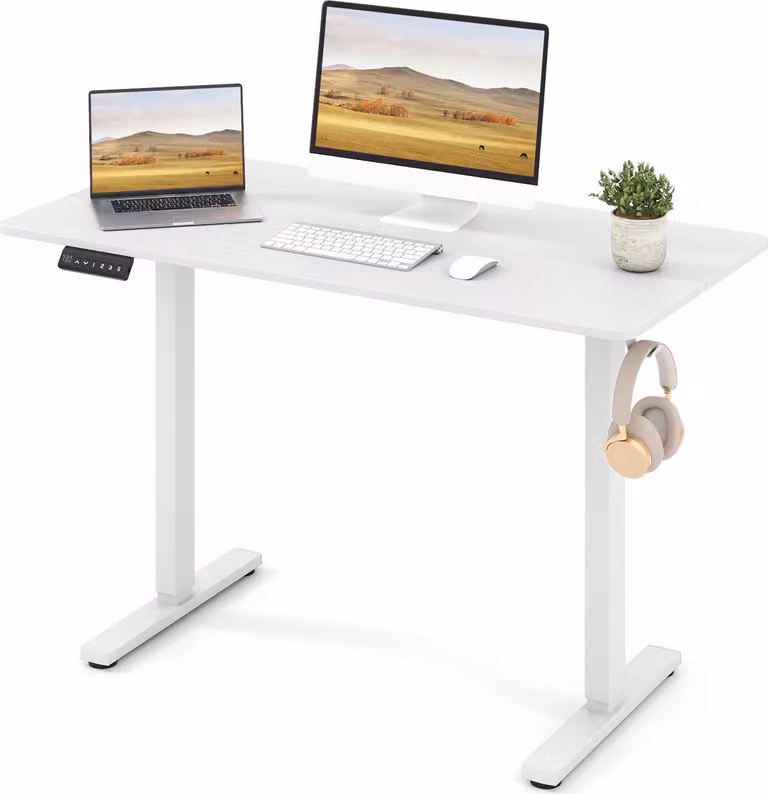 COSTWAY 120x60 cm, scrivania elettrica regolabile in altezza con ganci, gestione dei cavi, funzione memoria e protezione anticollisione (bianco)