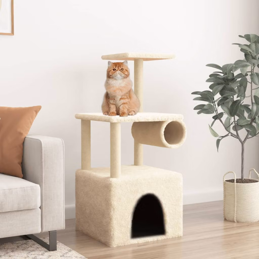 Albero per gatti vidaXL con tiragraffi in sisal e giocattoli integrati, beige, H: 109,5 cm, L: 60,5 cm, P: 60 cm