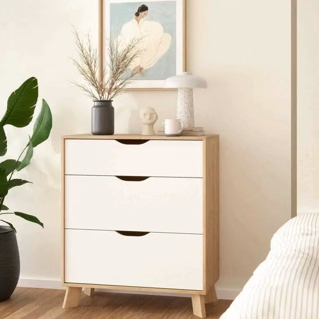 Cassettiera Alamid DMORA per camera da letto e soggiorno, mobile con cassetti moderno, L 79 cm x P 40 cm x H 92 cm, Rovere e Bianco