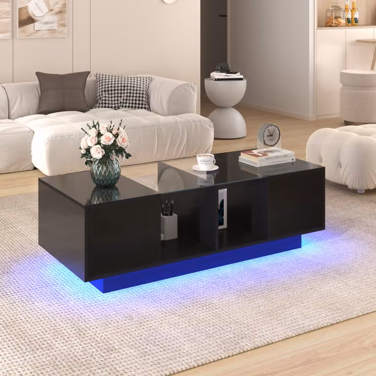 Tavolino Merax con piano in vetro e vano portaoggetti, tavolino lucido con ante, tavolino da salotto 120x37x50cm, nero