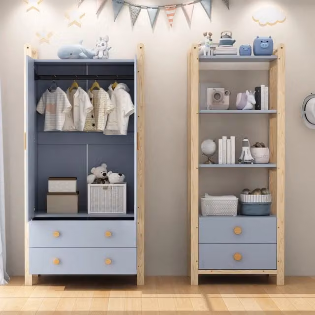 Guardaroba Mivray con libreria e cassetti, finitura blu e legno, H 180.5 x L 90.0 x P 44.0 cm