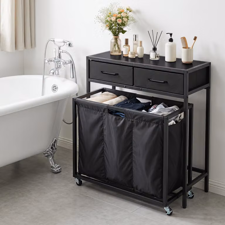 Costway Set 67,5 l cesto portabiancheria con ruote e tavolino con cassetti, Porta biancheria sporca a 3 scomparti per bagno e lavaderia Nero