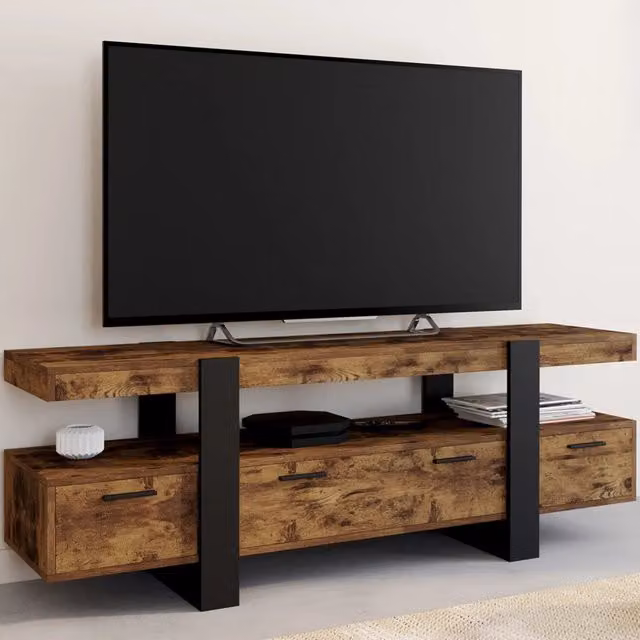 IDMarket Porta TV PHOENIX moderno in legno effetto invecchiato marrone con cassetti neri L: 140 cm, P: 40 cm, H: 50 cm