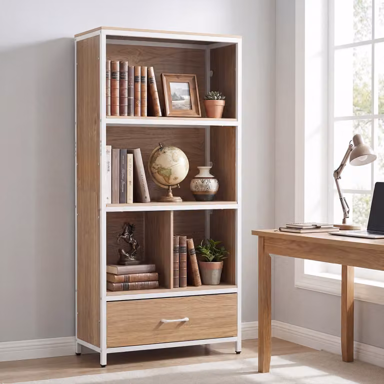 Mobile da soggiorno alto Costway con scomparti e cassetto in tessuto, Libreria moderna in legno e metallo con antiribaltamento per studio e ufficio, Colore Marrone Naturale