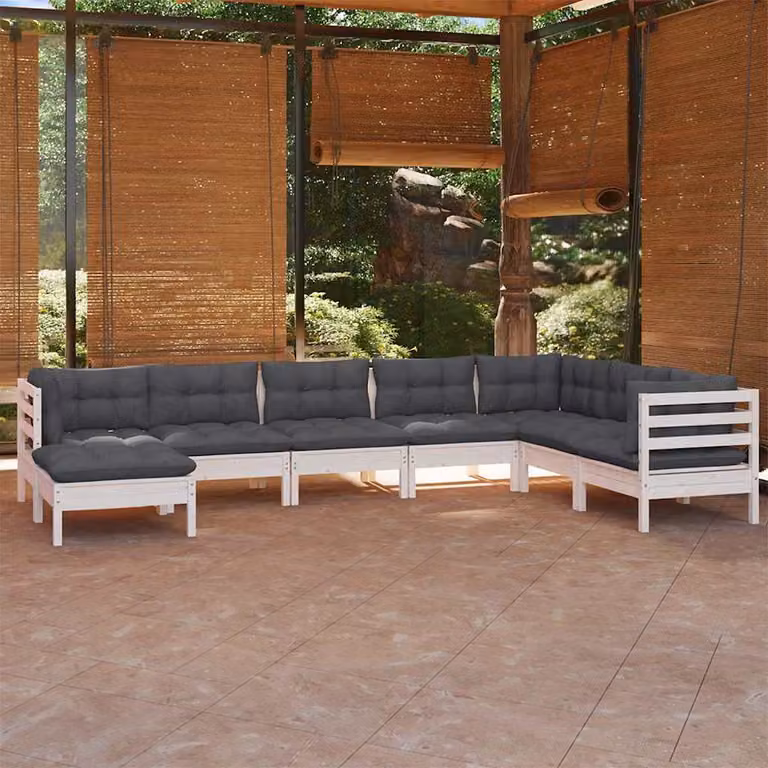 Set Divani da Giardino vidaXL 8 pz in Legno di Pino Trattato con Cuscini Bianchi e Antracite Design Moderno a L