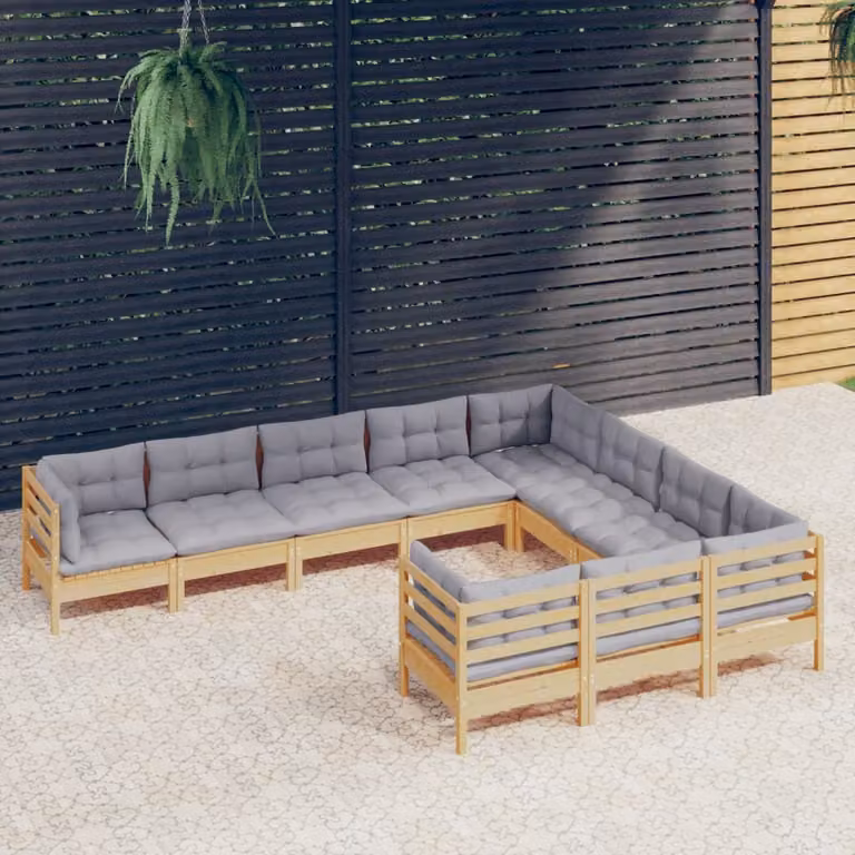 The Living Store Set da giardino da 10 pezzi con cuscini grigi in legno di pino