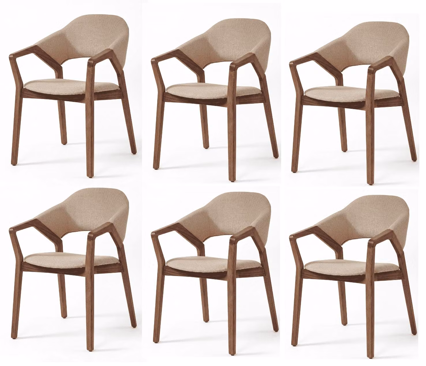 Set di 6 sedie da pranzo moderne in stile organico, colore beige, con braccioli, rivestite in tessuto