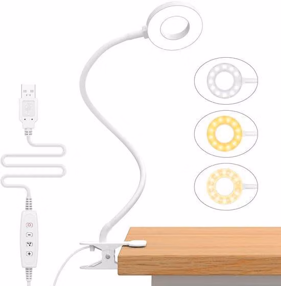 Lampada a LED - Lampada da camera da letto - Dimmerabile - 3 modalità - 10 livelli di luminosità - Lampada con morsetto di fissaggio - Lampada con collo flessibile da 40 cm e morsetto - Bianca