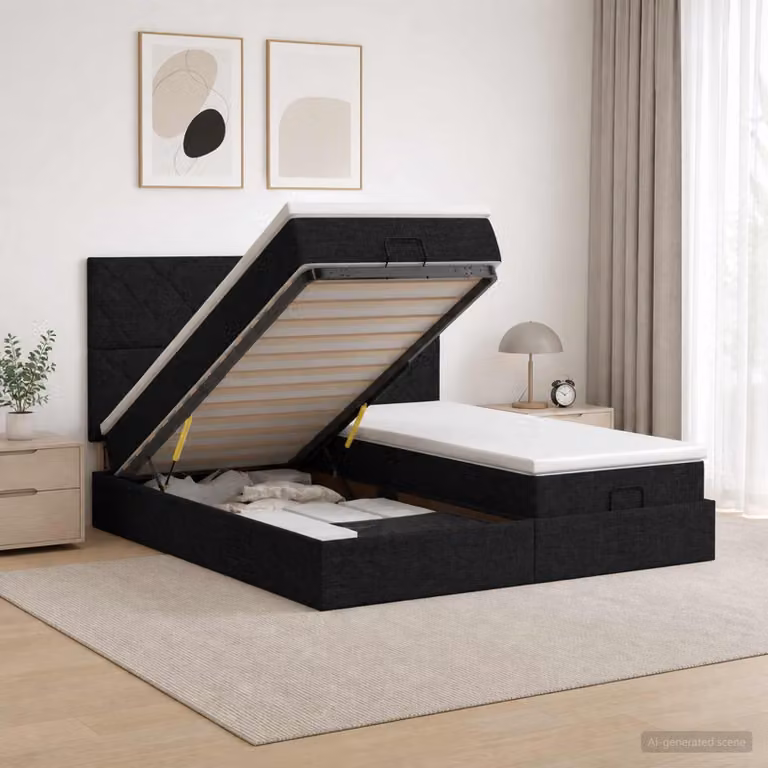 Set Letto Ottomano con Materasso e Testiera vidaXL in Tessuto Nero L/P/H: 180 x 200 x 88 cm