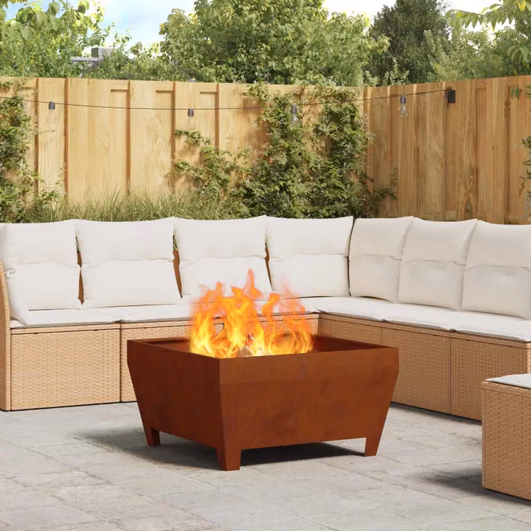 Braciere vidaXL in acciaio color ruggine con base in legno resistente alle intemperie