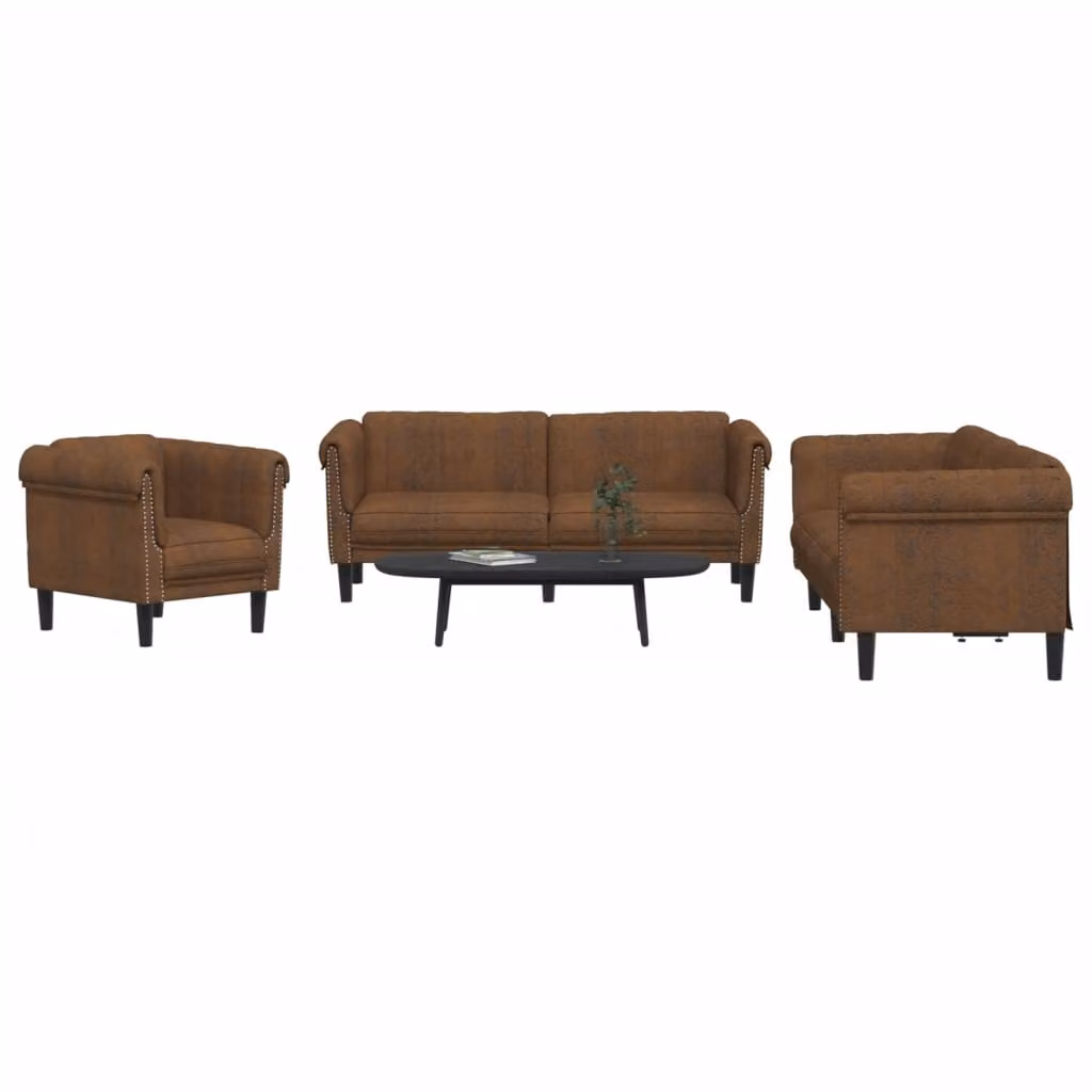 Set di divani 3 pezzi vidaXL in velluto marrone con struttura in legno massiccio e cuscini inclusi – 1
