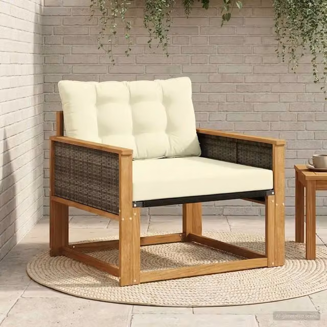 Set di divani da esterno moderni in legno di acacia massello e textilene beige con cuscini inclusi