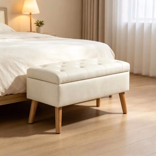 Desviae Panca contenitore imbottita in velluto color crema con piedi in legno per camera e ingresso 42 × 80 × 35 cm