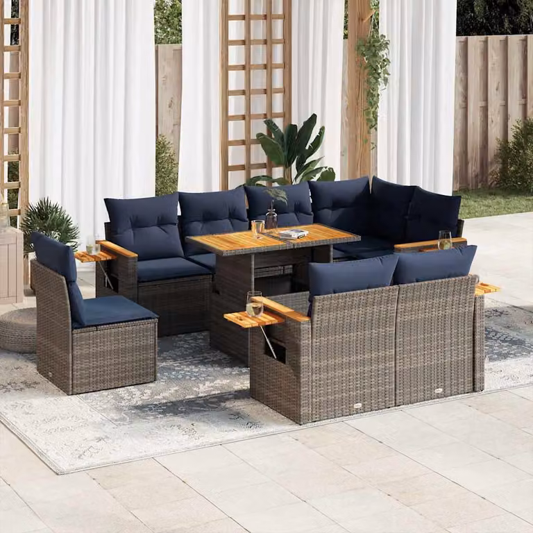 Set Divano da Giardino vidaXL 9 Pezzi a Forma di L in Polyrattan e Legno di Acacia con Cuscini Grigio e Blu