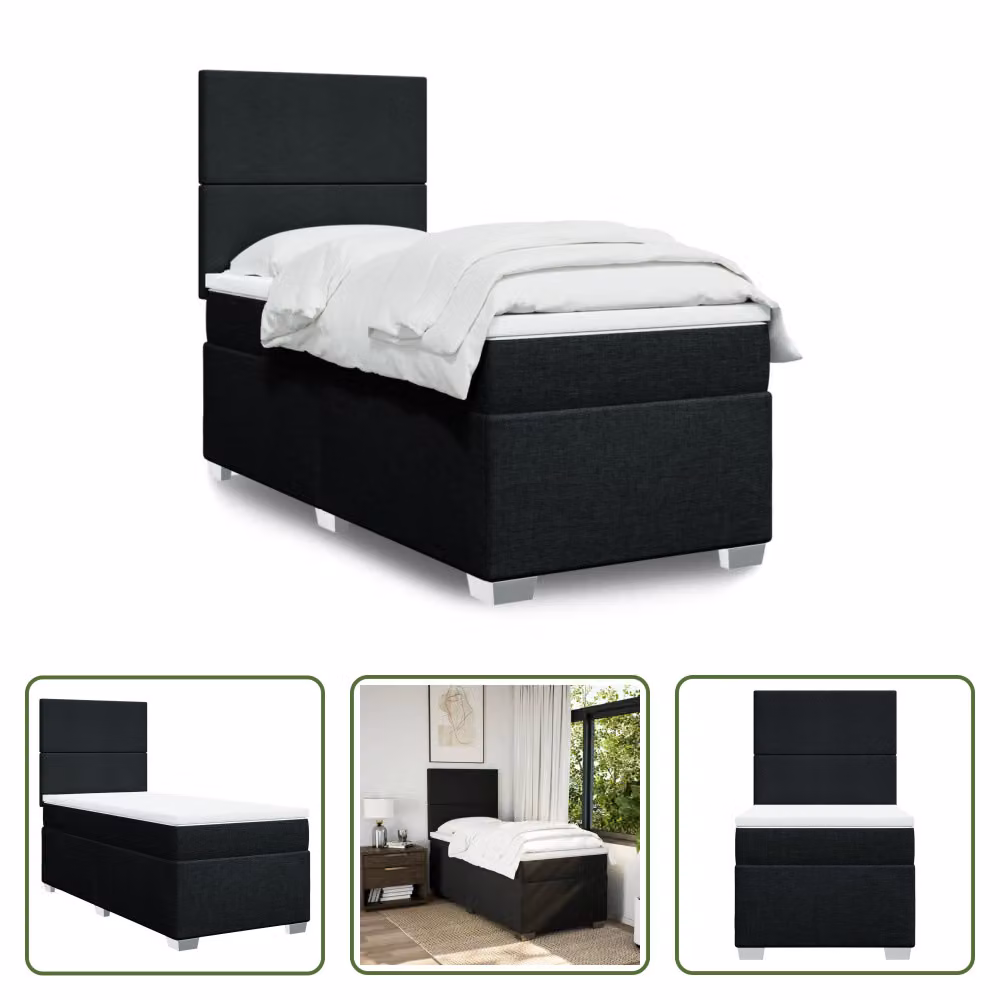 The Living Store Letto a molle con materasso nero 100x200 cm in tessuto