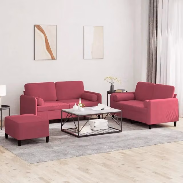 Set di divani 3 pezzi vidaXL in velluto rosso con cuscini per soggiorno in stile moderno L/P/H: 138 x 80 x 77 cm – 1