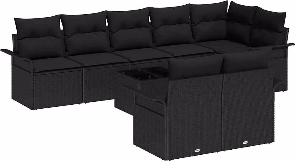 Set Divano da Giardino con cuscino 9 pcs Nero Poly Rattan