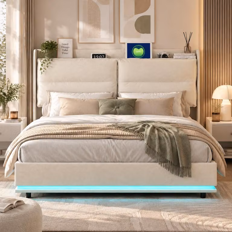 Letto imbottito INONEFT, 140x200 cm, con illuminazione LED, letto per ragazzi con testiera contenitore e ricarica wireless, letto con sistema di sollevamento idraulico, rivestito in velluto color beige