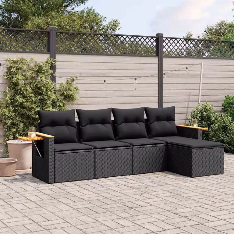 Set Divani da Giardino vidaXL 5 Pezzi in Polyrattan Nero con Cuscini e Tavolino da Esterno a Forma di L