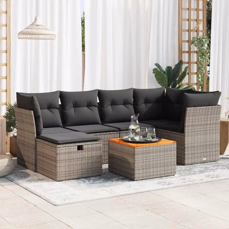 Set di divani da giardino vidaXL in polyrattan da 7 pezzi con cuscini, colore grigio e marrone, design moderno a L con tavolino e pouf