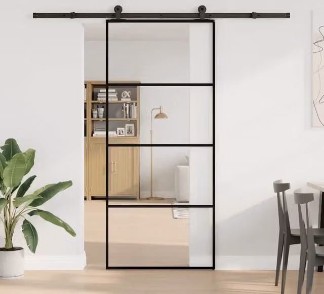 Porta Scorrevole Moderna vidaXL in Vetro e Alluminio Nero L: 90 cm, H: 205 cm