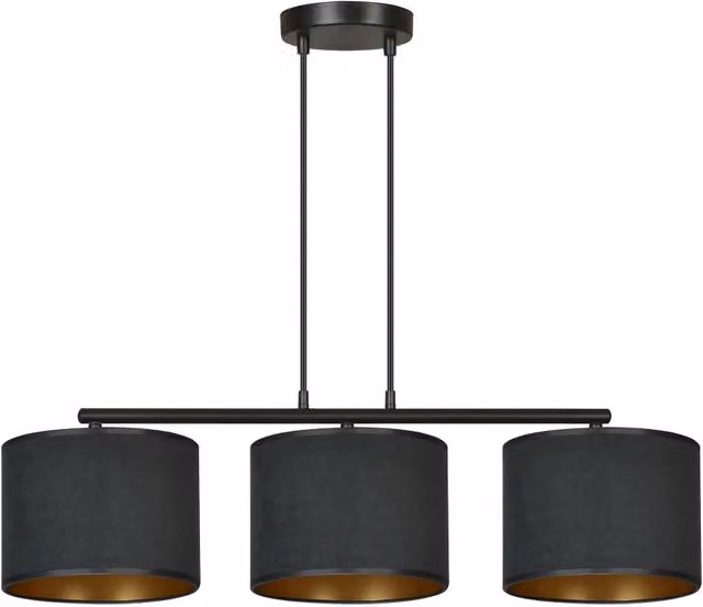 Lampadario a sospensione Emibig Hilde con 3 luci E27, design moderno in metallo e tessuto, colore nero e oro, L: 72 cm, H: 100 cm