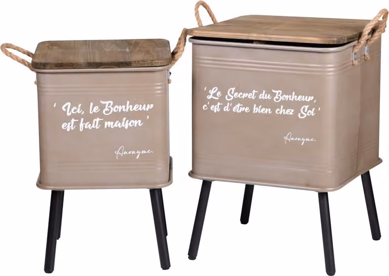 Set di 2 tavoli beige in metallo stile industriale con maniglia in corda. Collezione HAPPINESS