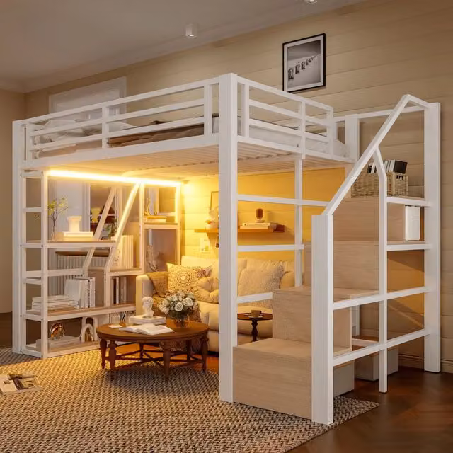 Letto a castello bianco con funzione contenitore e illuminazione LED in metallo e MDF 140x200 cm