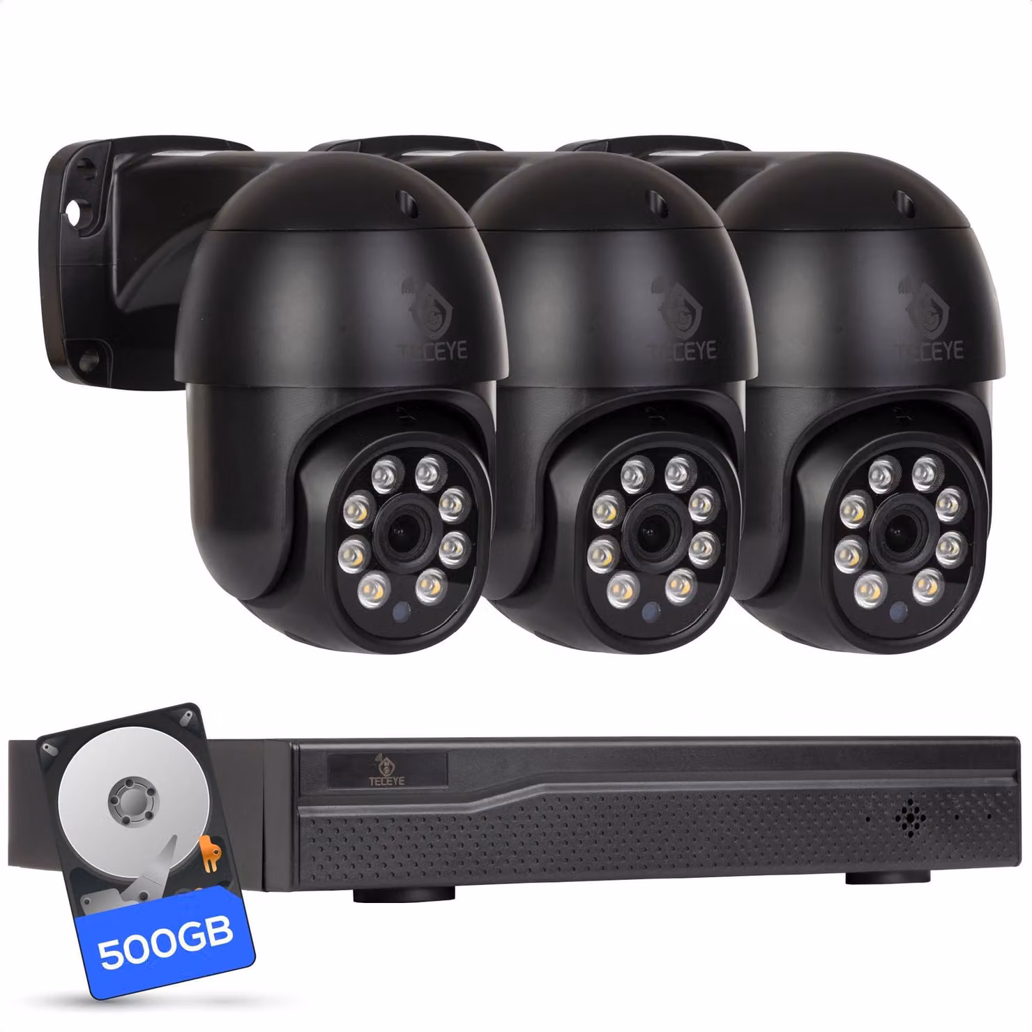 Telecamera di sicurezza esterna - 3 unità da 5MP con registratore di rete PoE e HDD da 500 GB - Colore nero, modello PTZ (pan-tilt-zoom) con rotazione