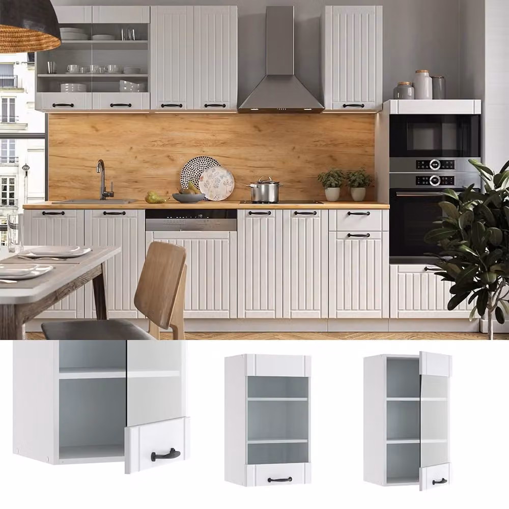 Pensile da cucina Vicco Fame-Line Bianco rustico con ante in vetro e ripiani interni, L: 40 cm, H: 72 cm, P: 34,1 cm – 2