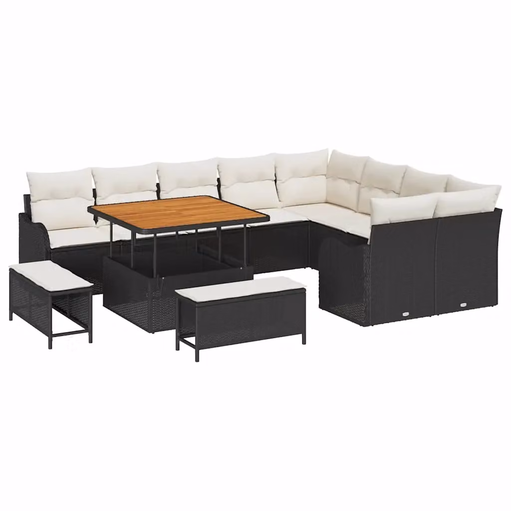 Set Divano da Giardino vidaXL 12 Pezzi a Forma di U con Tavolino e Cuscini Nero e Beige – 2
