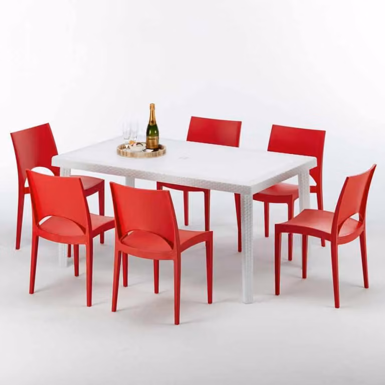 Tavolo rettangolare bianco e 6 sedie Set di bastoni da esterno in polipropilene colorato Grand Soleil Paris Summerlife - Rosso