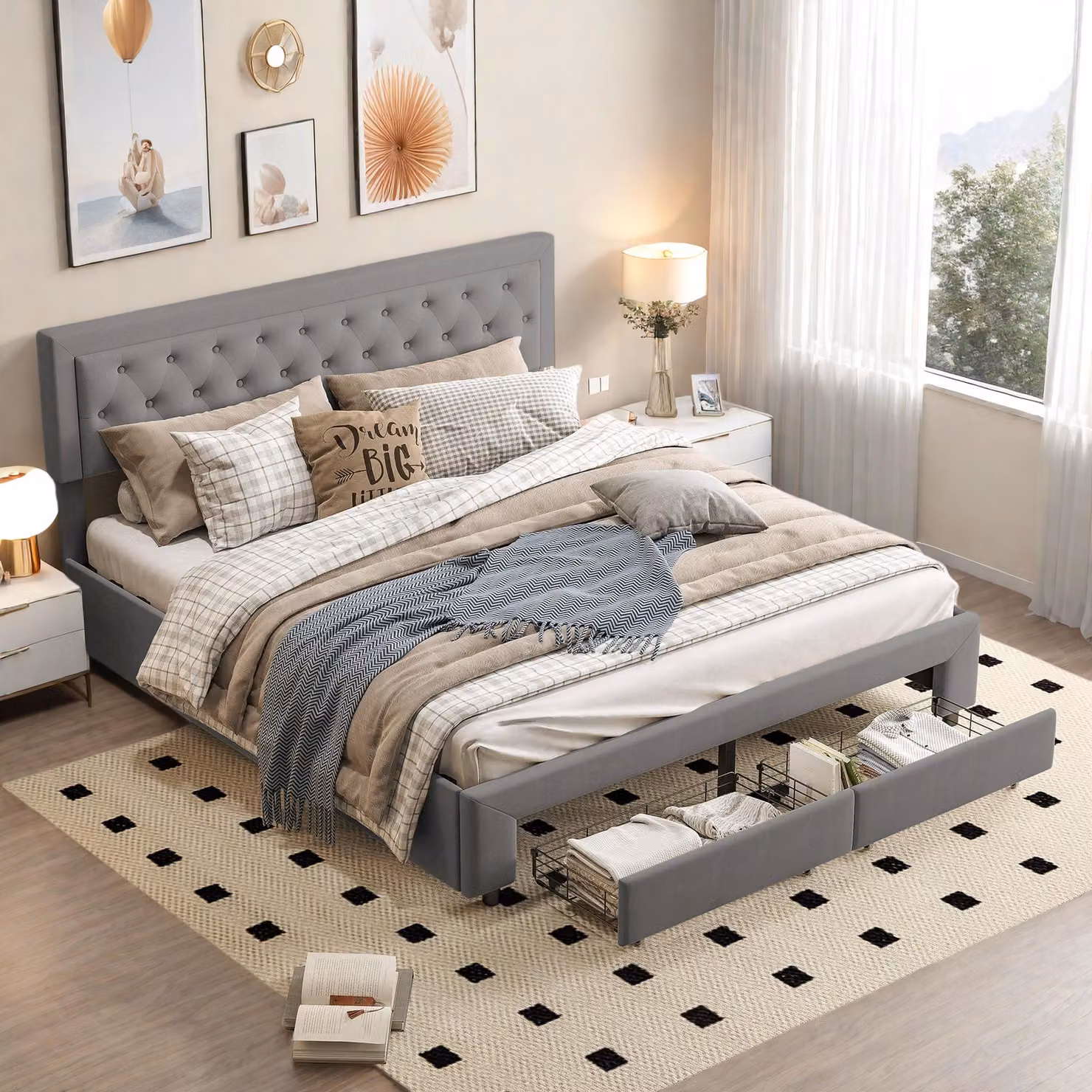 UnboxG Letto imbottito 160x200 cm in velluto grigio con contenitore, letto idraulico con 2 cassetti ai piedi del letto, letto matrimoniale con rete a doghe