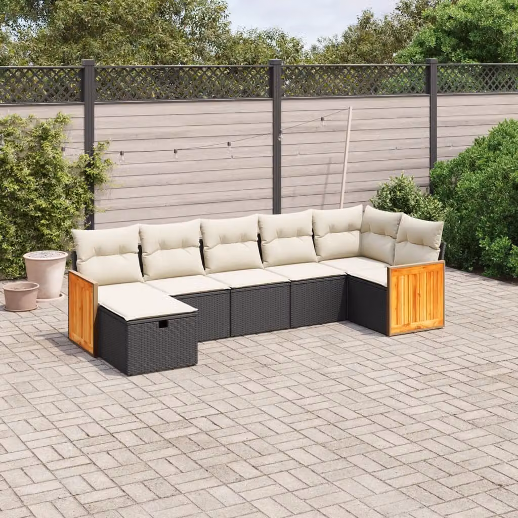 vidaXL Set Divano da Giardino a L con 7 Cuscini, Polyrattan e Acciaio Verniciato, Nero e Bianco – 1