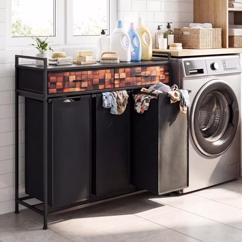 Cesto per biancheria sporca a 3 scomparti con 2 cassetti per bagno e lavanderia, Nero, H 93,5 x L 92,5 x P 33 cm – 2