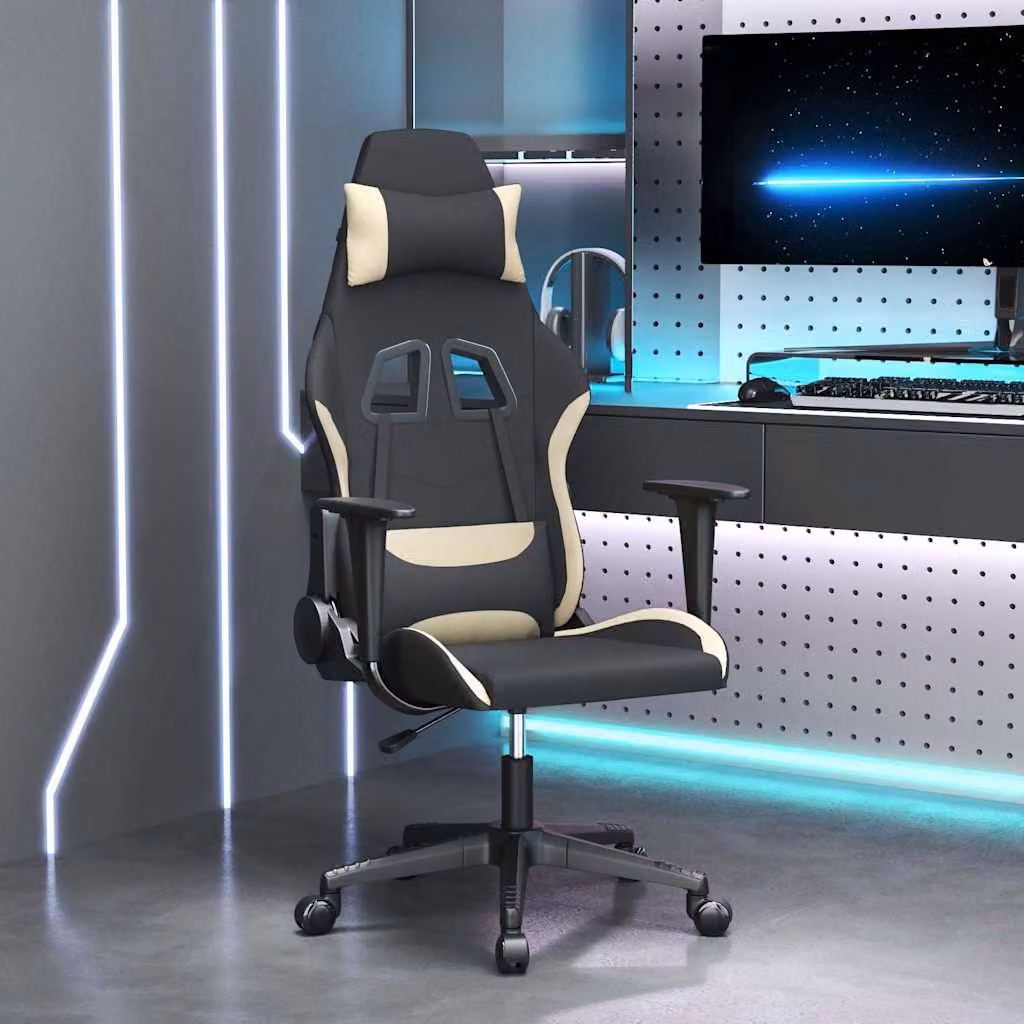 Sedia da Gaming vidaXL per Adulti in Tessuto Nero e Beige con Braccioli e Ruote, Ruotabile a 360 Gradi
