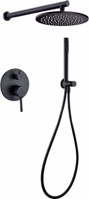 Set di doccia a soffitto in alluminio nero con tubo di scarico rotondo 25 cm e guida di scarico mat nera