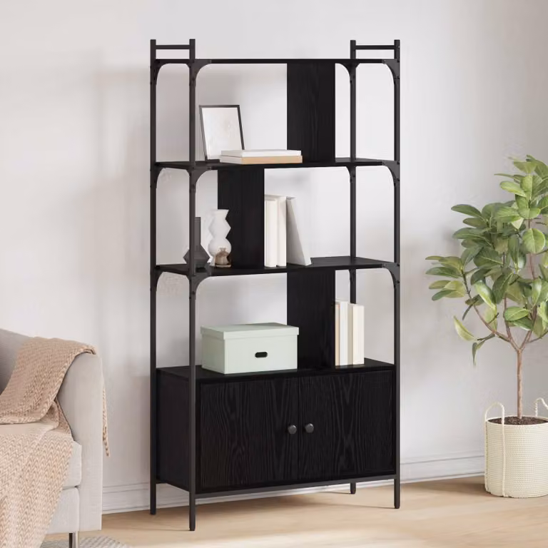 Libreria moderna vidaXL in legno e metallo con ante e ripiani interni, colore nero opaco, L: 76,5 cm, P: 30 cm, H: 154,5 cm
