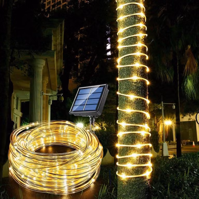 Catena luminosa solare, 7 metri, 50 LED, luce bianco caldo, impermeabile per uso esterno