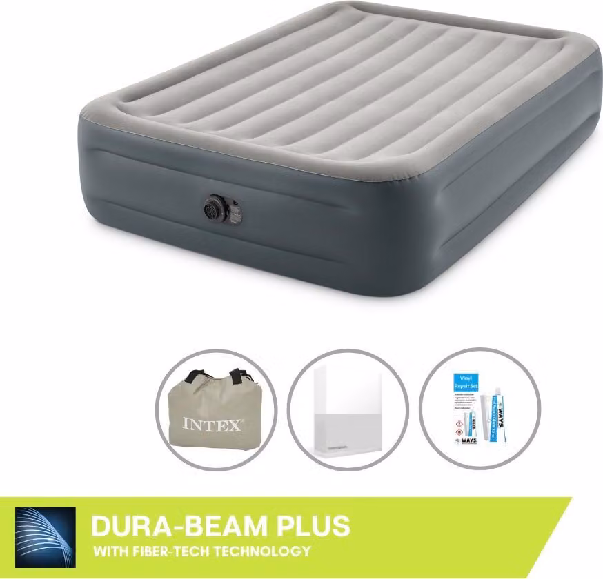 Intex Airbed - 2 persone - 152 x 203 x 46 cm - Grigio - Con pompa incorporata, lenzuolo bianco e kit di riparazione