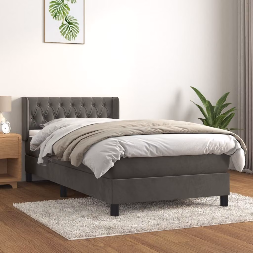 The Living Store Letto a molle con materasso grigio scuro 100x200 cm in velluto