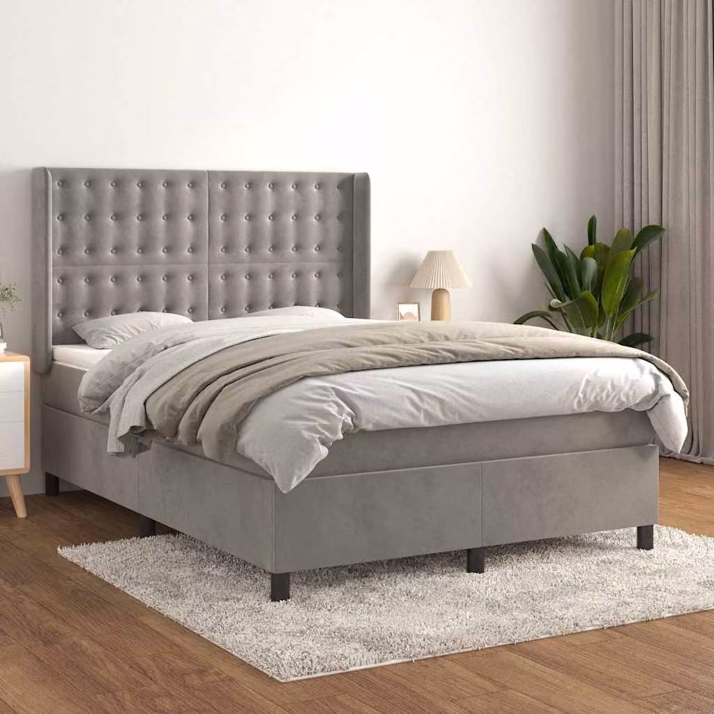 vidaXL Giroletto a Molle con Materasso in Velluto Grigio Chiaro L/P/H: 140 x 200 x 128 cm – 1