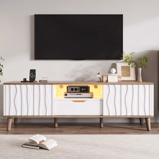 Mobile TV multimediale MINIMAL bianco e marrone con ante scorrevoli e illuminazione integrata per soggiorno o camera da letto L/P/H: 160 x 40 x 52 cm