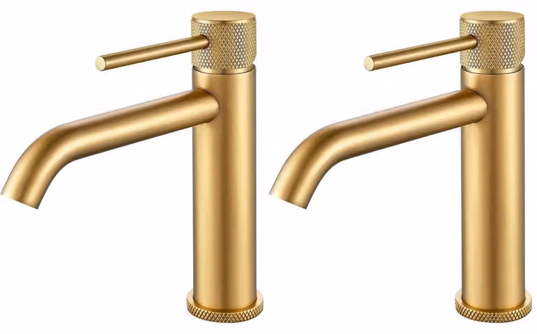 Miscelatore monocomando per lavabo da bagno, finitura oro, altezza 105 mm, acciaio inossidabile, set da 2 pezzi