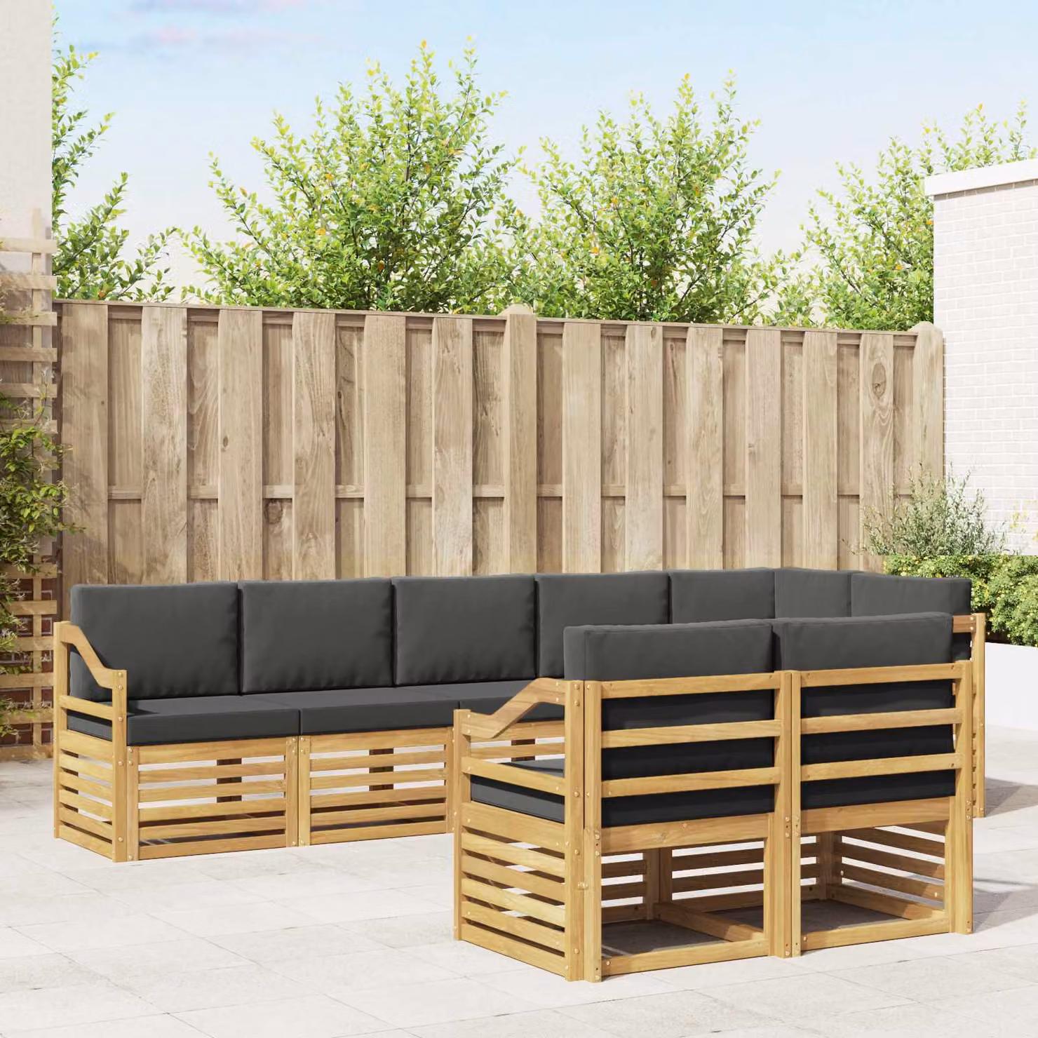 vidaXL Set di divani da esterno a L composto da 8 pezzi in legno di acacia con cuscini, Bianco e Antracite