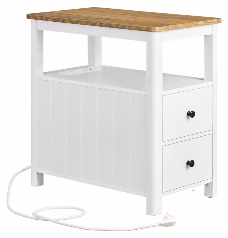 Tavolino stretto con presa di corrente e 2 cassetti | Marrone e bianco | 35x60x60 cm