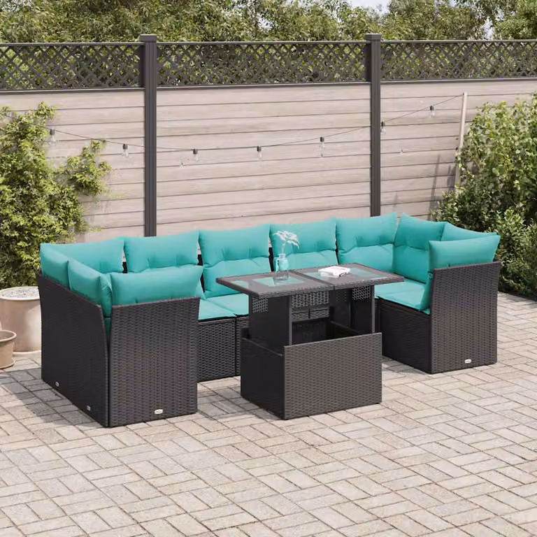 Set di divani da giardino vidaXL a forma di L con cuscini e tavolino, 8 pezzi, in polyrattan nero con cuscini blu e turchese