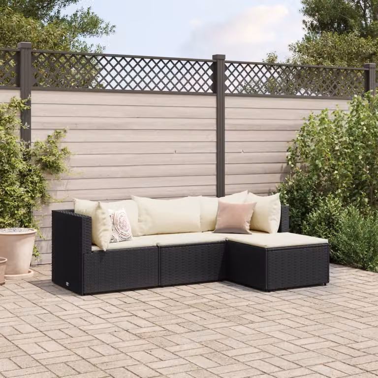 Set di Divani da Giardino vidaXL 4 Pezzi a Forma di L con Cuscini Nero e Struttura in Metallo e Polyrattan